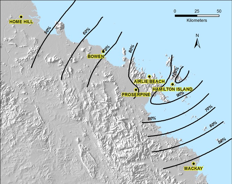 Maximum wind speed contours of TC Debbie