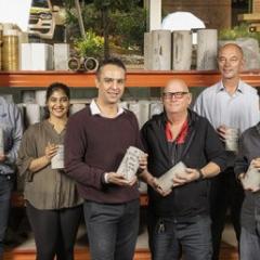 (L-R) GCP Applied Technologies' Niki Jackson, Masters student Sai Manaswi Reddy, Dr Mehdi Serati, UQ's Shane Walker, Aurecon's Dr Harry Asche, Masters student Gautam Malgotra in the UQ laboratory