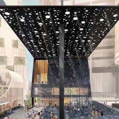 The proposed plaza and building on Sydney’s George Street designed by David Adjaye and Daniel Boyd.  Image: Adjaye Associates