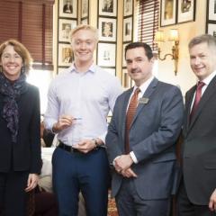 (L-R) American Institute of Aeronautics and Astronautics Executive Director Sandy Magnus; Karl Domjahn; Aviation Week Network President Greg Hamilton and Joe Anselmo, Editor-in-Chief, Aviation Week.