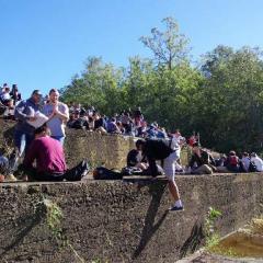 Students on a stepped chute at Gold Creek Dam during a field trip.