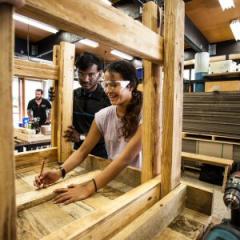 students in timber construction lab