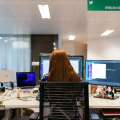 rear view of person using computer