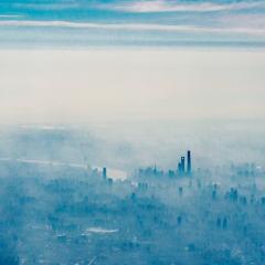 aerial view of fog bound city
