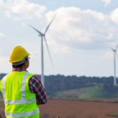 worker in high vis clothes looking at solar windmills