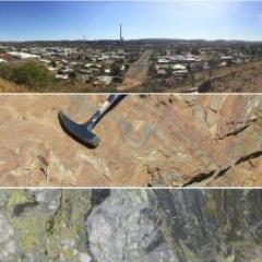 3 images joined: (top) Mount Isa mine and city; (middle) weathered zinc ore, and (bottom) high grade copper ore